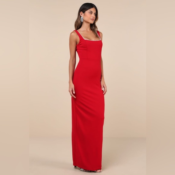 Lulus Timeless Poise Red Rhinestone Square Neck Backless Maxi Dress - Picture 2 of 6